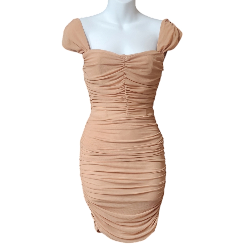 MAD FOR LOVE Off Shoulder Ruched Mini Dress Tan Nude Light Brown